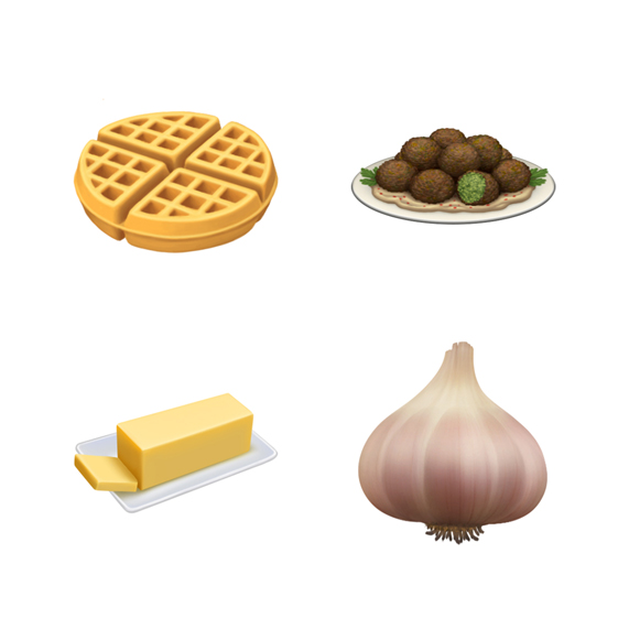 华夫饼、Falafel 炸豆丸子、黄油和大蒜的表情符号。