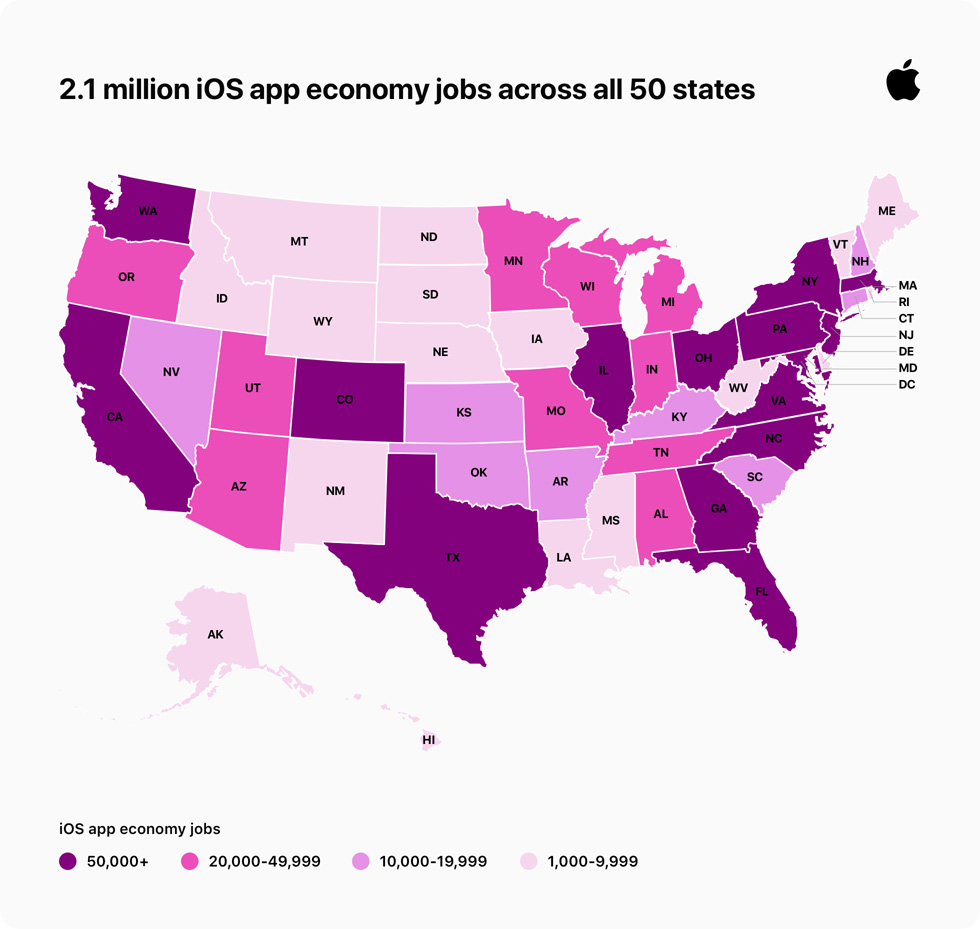 iOS app 经济带来的工作岗位在美国 50 个州的分布图。 