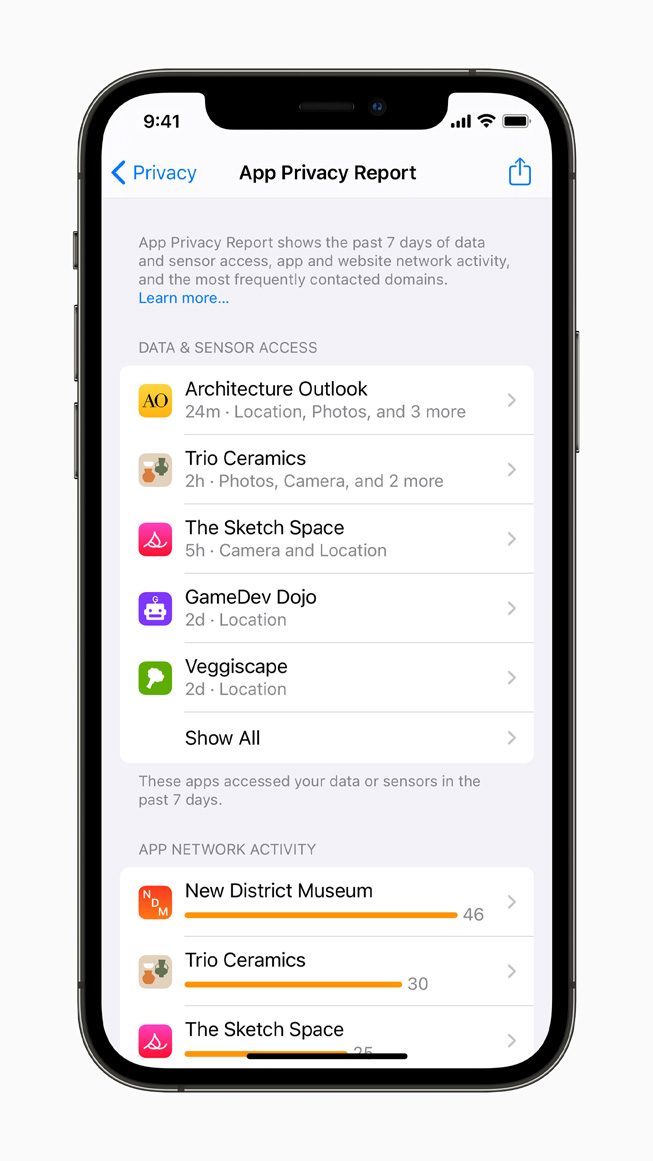 iPhone 12 Pro 上展示 App 隐私报告。 