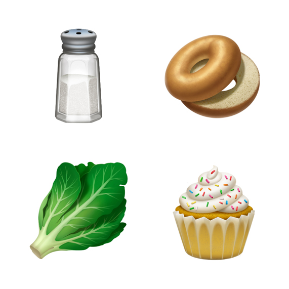 盐、百吉饼、生菜和纸杯蛋糕表情符号。