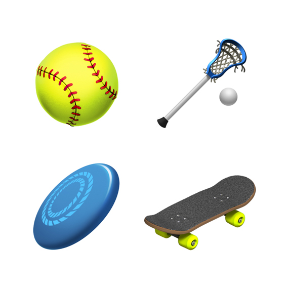 垒球、长曲棍球、飞盘和滑板表情符号。
