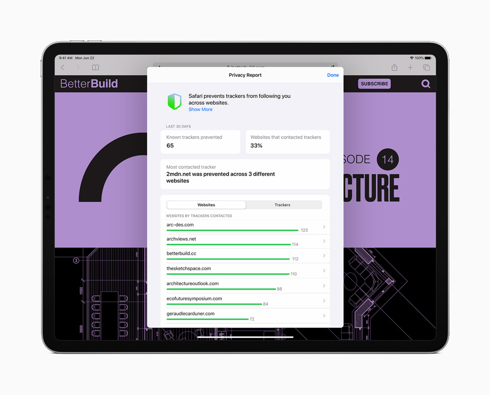 iPad Pro 上展示 Safari 浏览器新增的隐私报告功能。