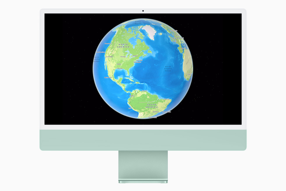 在 iMac 上展示的新的交互式地球视图。