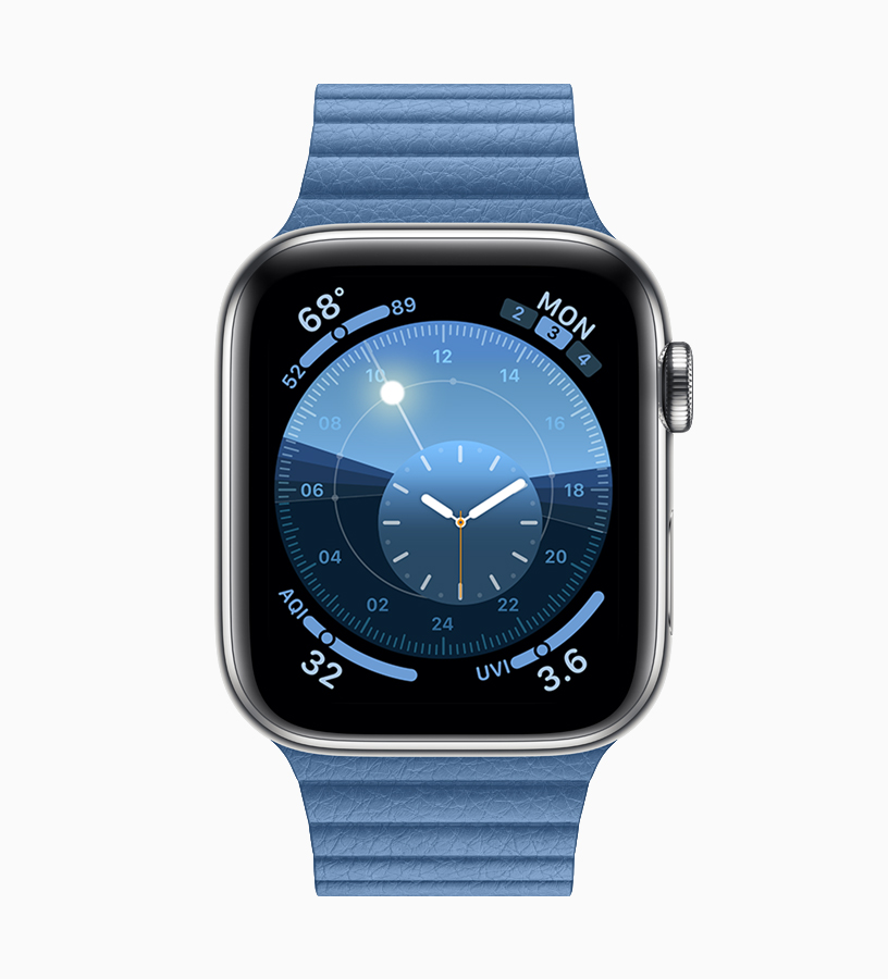 Apple Watch 搭配菊蓝色表带。