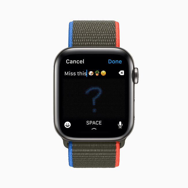 在 Apple Watch Series 6 上展示信息 app 中的一条回复，它是通过随手写编辑的。