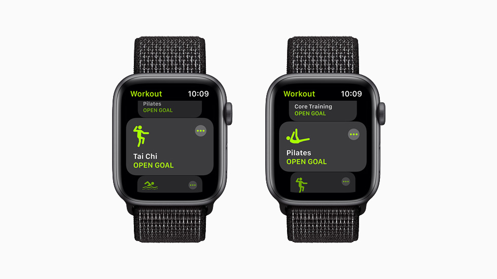 太极和普拉提体能训练，分别在 Apple Watch Series 6 上展示。