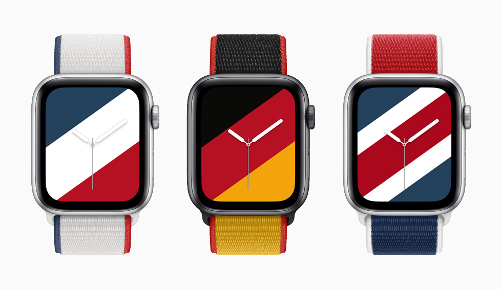 装有法国、德国和英国国际系列回环式运动表带与配套“条纹”表盘的 Apple Watch Series 6。