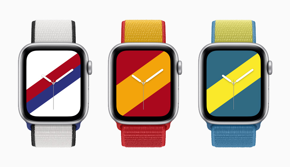装有韩国、西班牙和瑞典国际系列回环式运动表带与配套“条纹”表盘的 Apple Watch Series 6。