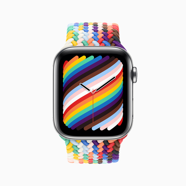 Apple Watch 彩虹版编织单圈表带和彩虹版表盘的正视图。