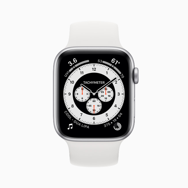 Apple Watch Series 6 上显示的计时码表专业表盘。