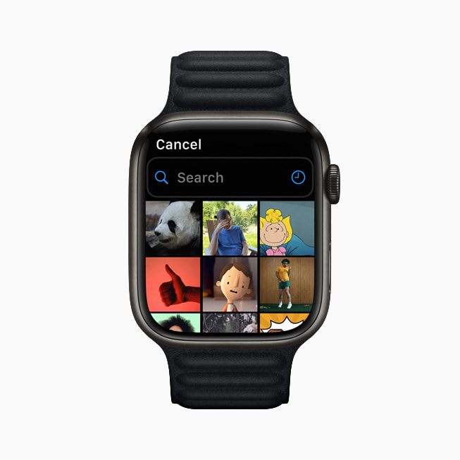 Apple Watch Series 7 展示信息 app 的 GIF 动图选项。