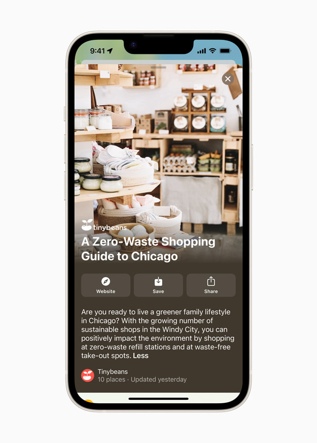 Apple 地图中 Tinybeans 编排的全新指南“A Zero-Waste Guide to Chicago”（芝加哥零废弃物指南）。