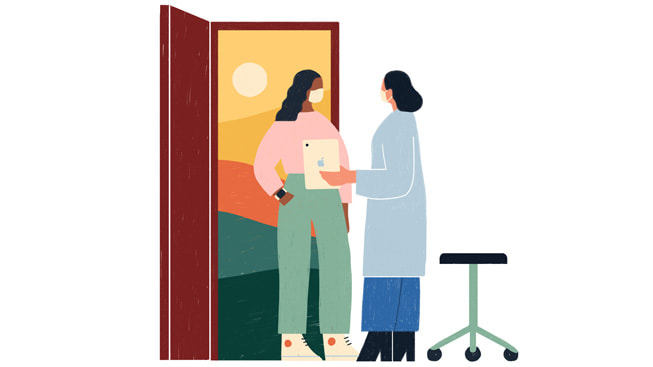 插画中，一名医生手持 iPad 在与患者对话。