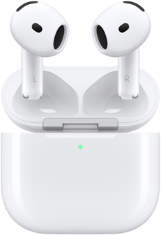 AirPods 4 悬浮在充电盒上方，盒盖打开。