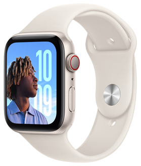 Apple Watch SE，下方是可选外观的颜色选项，包括：午夜色铝金属、星光色铝金属和银色铝金属。