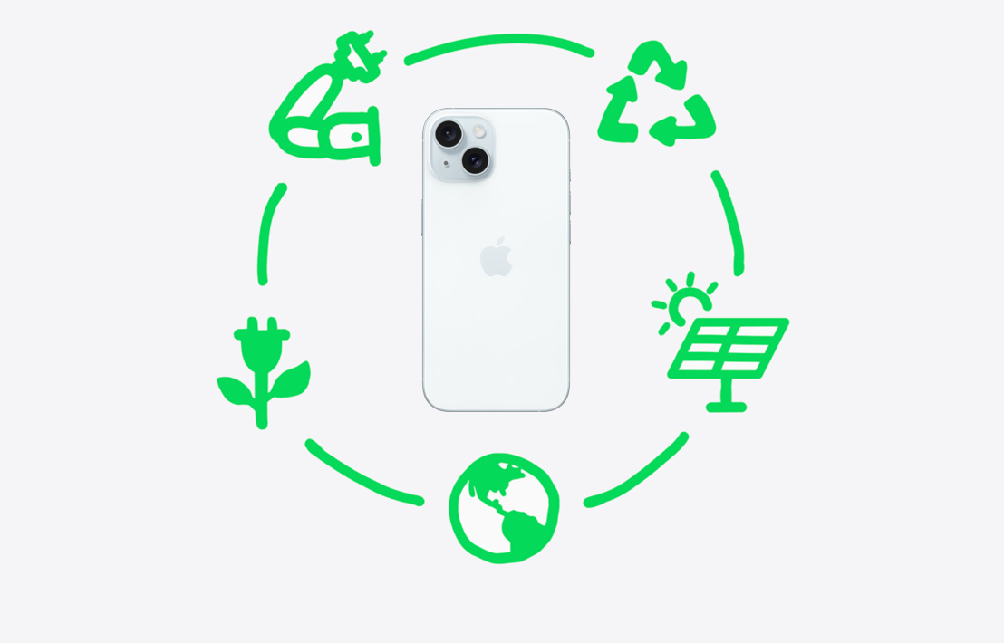 活泼有趣的绿色图案，展示五个不同的环保标志围绕着一部 iPhone。
