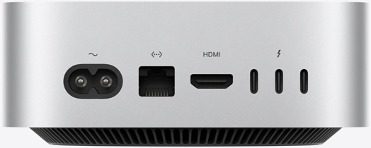 银色 Mac mini 的背面视图，展示背面的各个端口：一个电源端口、一个以太网端口、一个 HDMI 端口和三个雷雳端口。