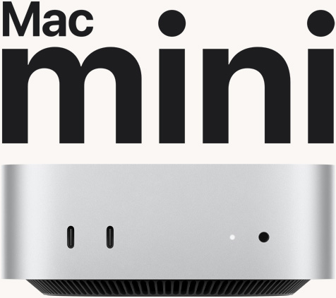 银色 Mac mini 的正面视图，展示正面的各个端口以及指示灯。