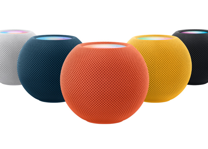  From left to right, there are white, blue, orange, yellow and dark grey HomePod mini.