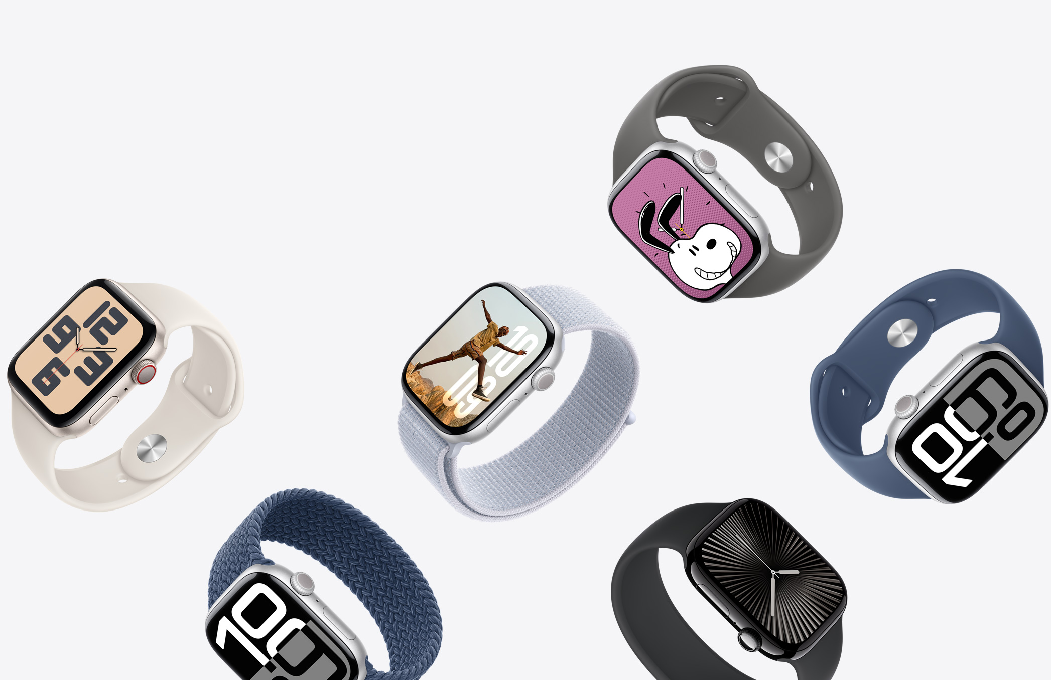 一系列 Apple Watch 设备，具有不同表壳外观以及各种表带颜色和材质。