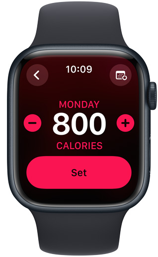 Apple Watch 屏幕显示“活动”圆环目标为 800 卡路里