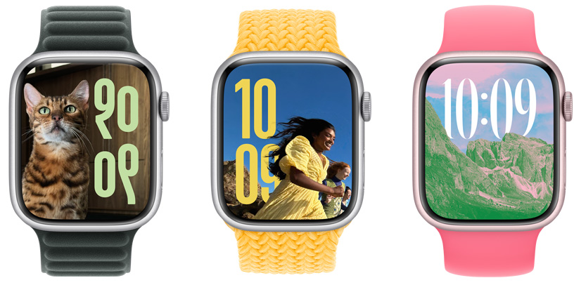 三只 Apple Watch 表盘屏幕分别展示三款照片表盘，其使用的图片、时间显示大小和语言文字各不相同