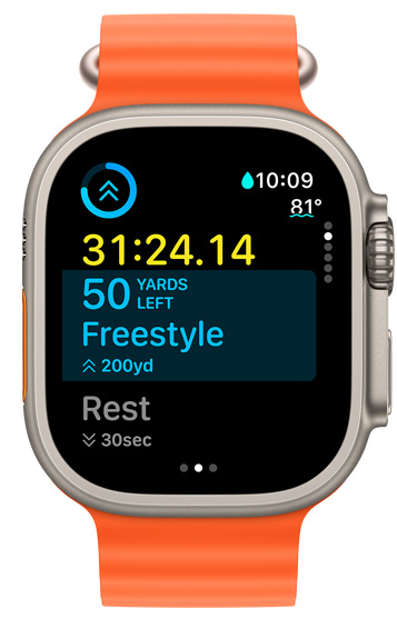 Apple Watch Ultra 屏幕显示当前间歇训练的时间以及本次自定义体能训练仍需完成的内容