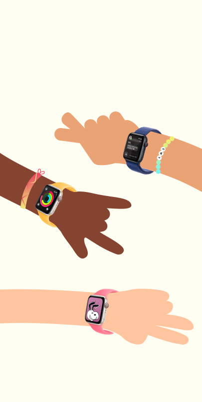 儿童的手的绘画插图。每个手腕上都有一只 Apple Watch。