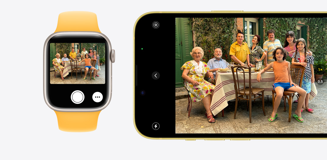 一部 iPhone 15 正在拍照。一支 Apple Watch Series 9 通过“相机遥控器”查看 iPhone 15 正在拍摄的照片。