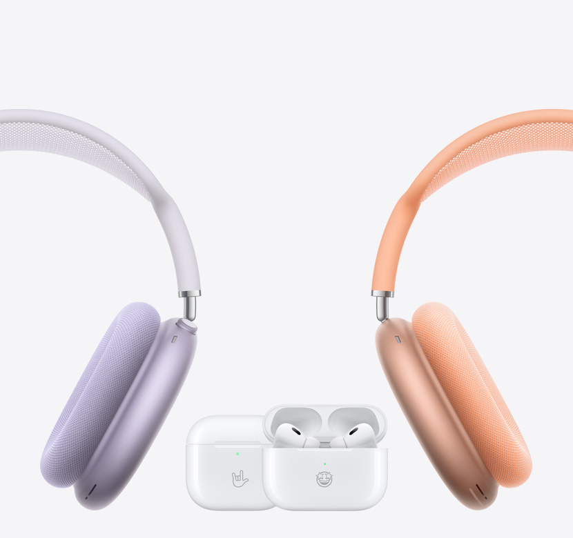 图片左右两侧各一副 AirPods Max，中间为 AirPods 4 和 AirPods Pro 2。